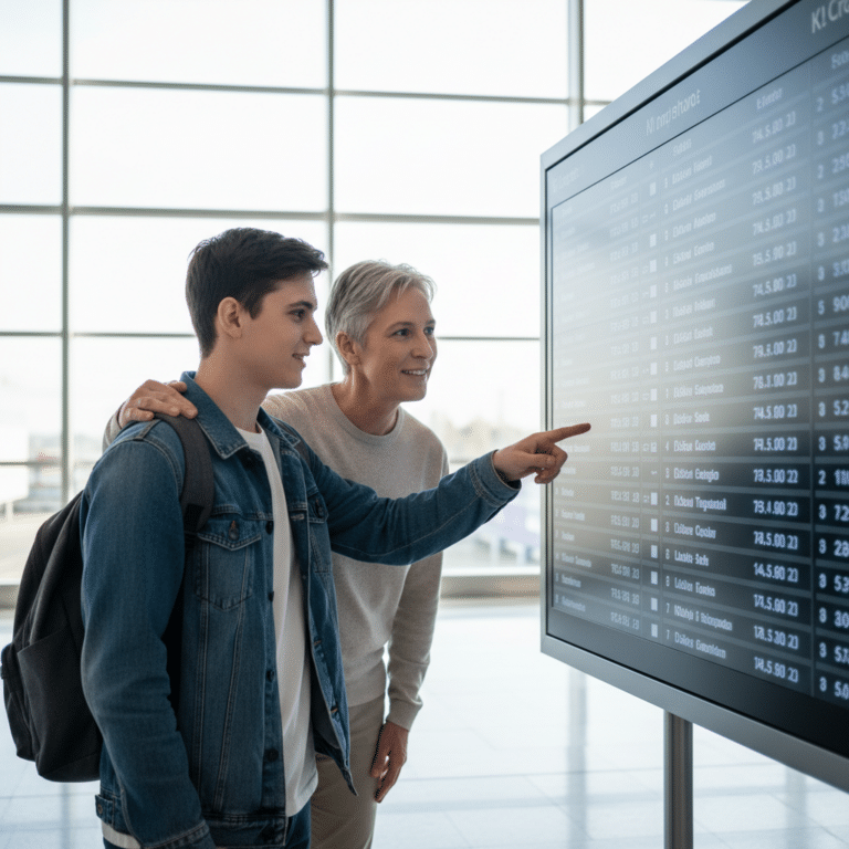 Adolescent et adulte en départ pour un séjour linguistique en famille d’accueil anglaise à l’étranger.