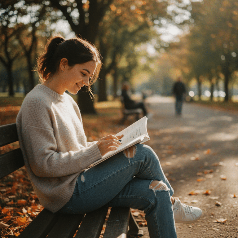 Jeune femme assise sur un banc dans un parc, écrivant dans un carnet, illustrant l’apprentissage de l’anglais en immersion avec DAILY ENGLISH.