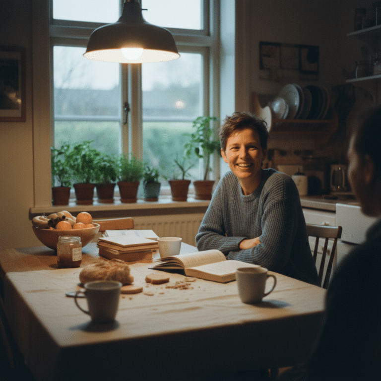 Participant échangeant dans une cuisine chaleureuse lors d’un séjour linguistique en famille d’accueil anglaise en France.