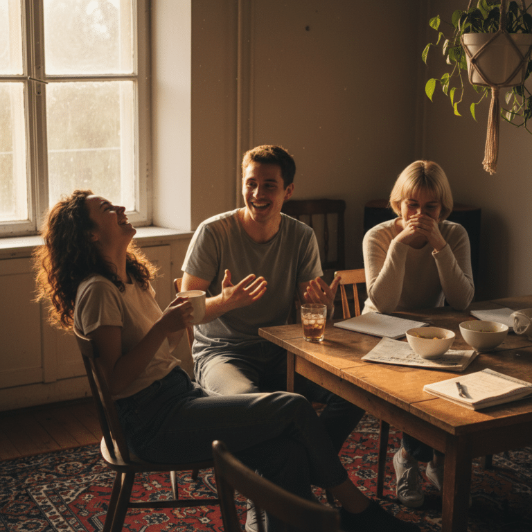 Participants d’un séjour linguistique DAILY ENGLISH échangeant et riant autour d’une table dans une famille d’accueil anglaise en France.